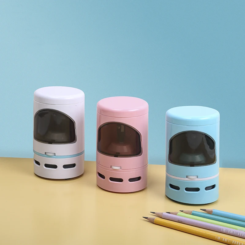 Candy color easy to operate cute plastic electric pencil sharpener comes with desktop vacuum cleaner for home school office