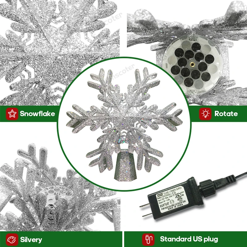 Christmas Tree Topper Rotating 3D Glitter Lighted Star Silver Snowflake Christmas LED Projector Light for Tree Top Ornament