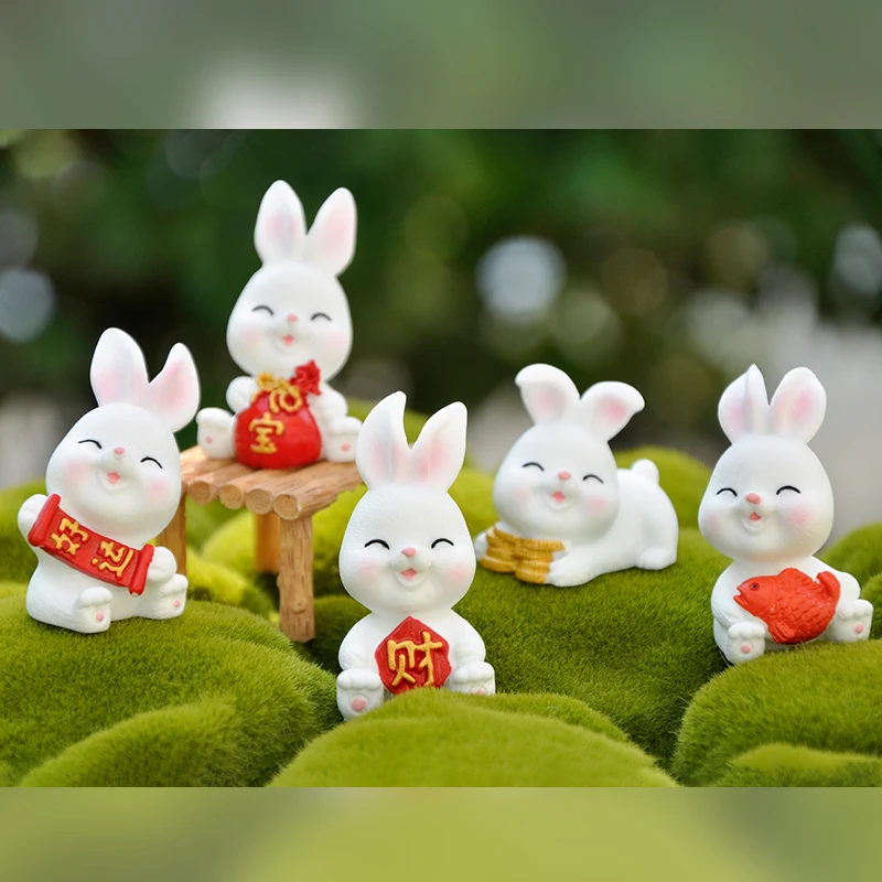Mini Chinese New Year Rabbit Zodiac figurines Resin Small Bunny Kawaii Desktop Ornament Creative Miniatures Birthday Party Favor