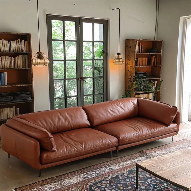 American Classical Vintage 3 Seater Sofa Brown Genuine Leather Sectional Modern Couch Set for home Living Room Sofas furniture