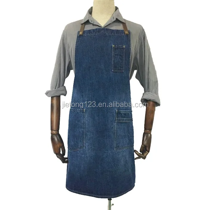 Unisex Long Jeans Apron With criss-cross Back Leather Straps Bartender Leather Denim Baking Cooking Apron