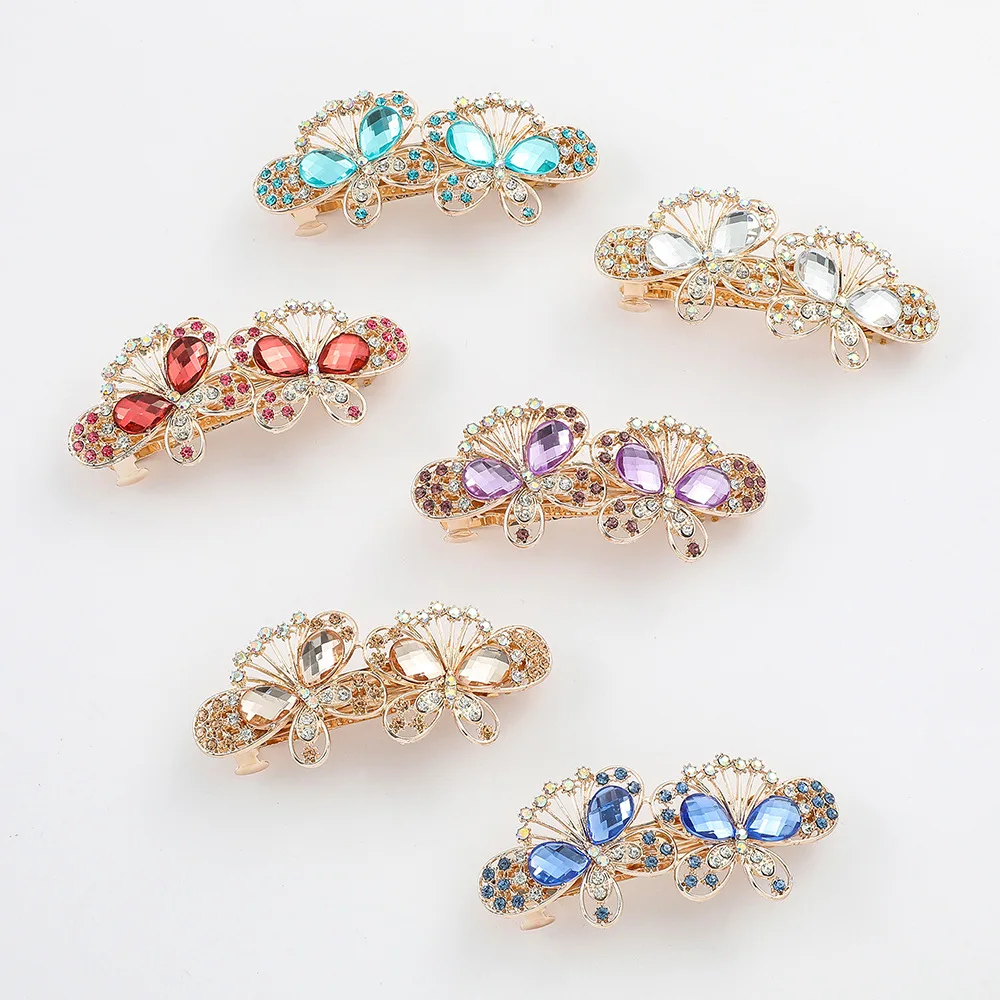 Hot selling alloy large rhinestone spring clip crystal butterfly hair clip barrette women retro temperament automatic clip