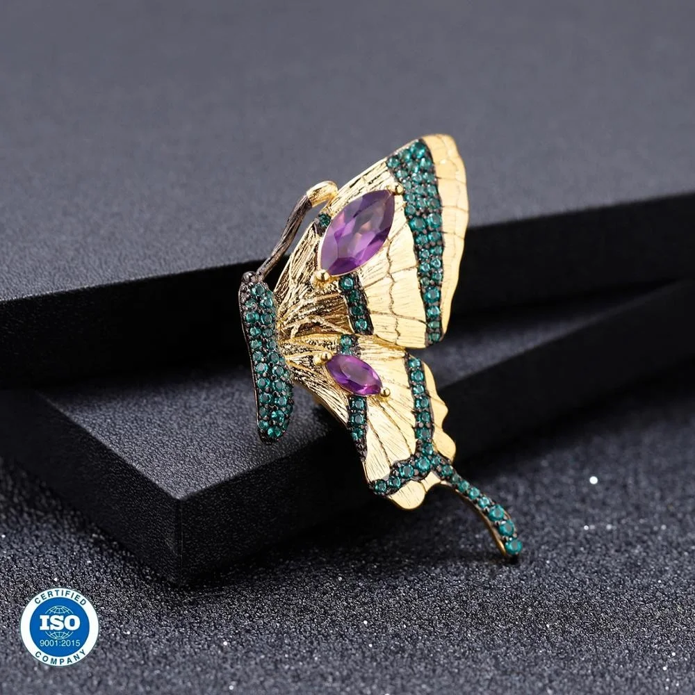 Abiding Butterfly 925 Sterling Silver Jewellery Natural Amethyst Pendant Necklace Gold Plated Brooch