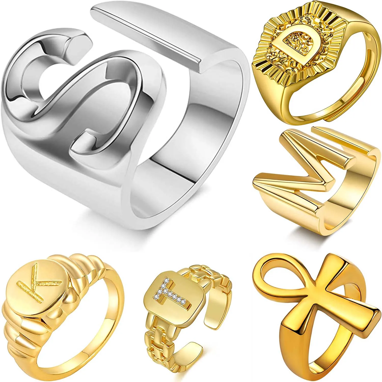 Custom Antique 9K 18K Gold Plated Sterling Silver Croissant Old English Letter Bee Square Signet 12 Zodiac Horoscope Sign Ring