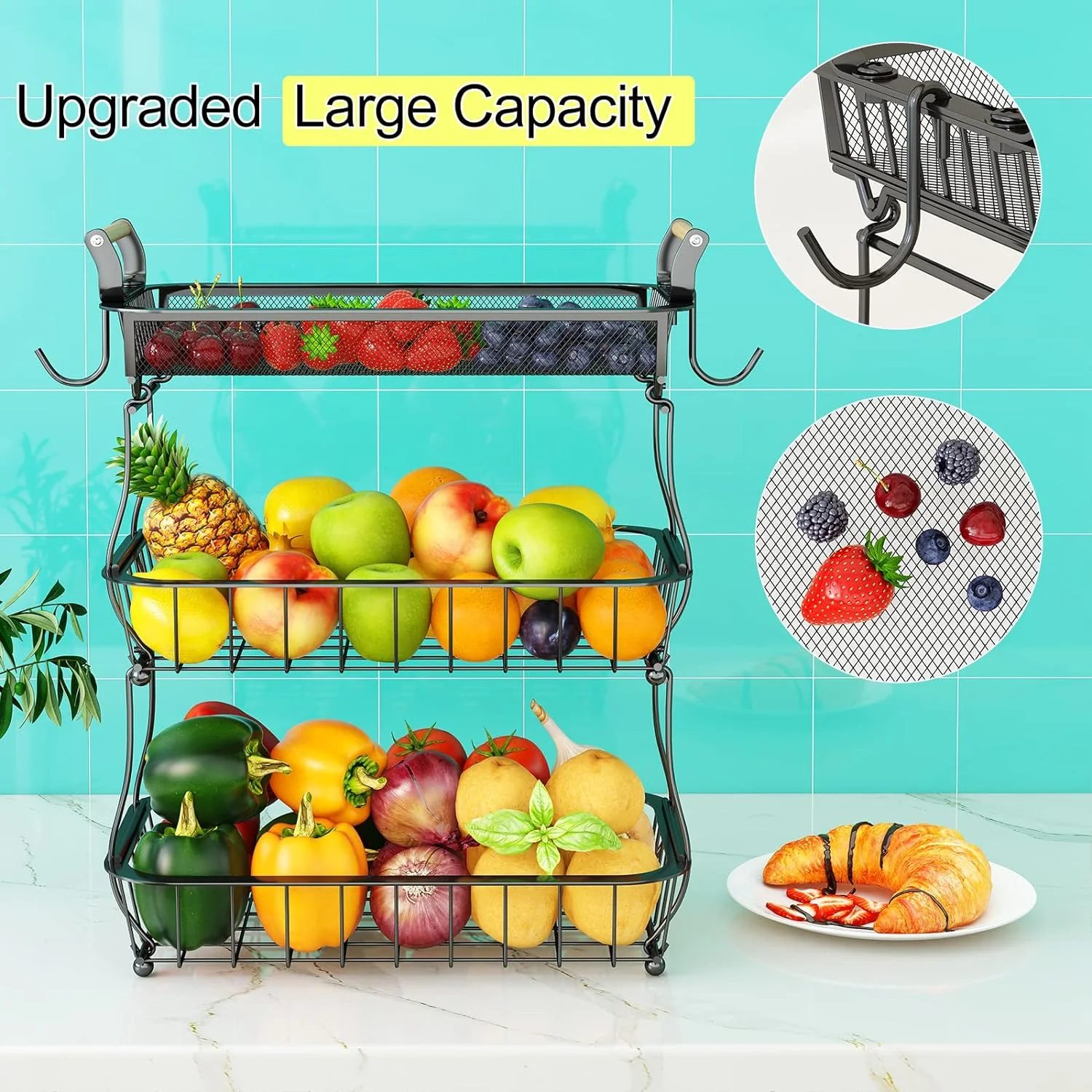 Vegetable Countertop Produce Storage Holder Large Capacity Metal Wire Fruits Stand Organizer for Onion Potato Bread Snack Black