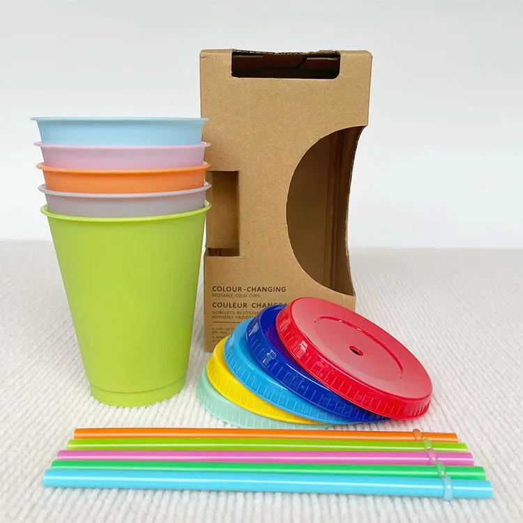 16oz Small Cute Reusable Plastic Travel Cups Coffee Tumbler Ice Cold Water Color Changing Cup With Lids and Straws