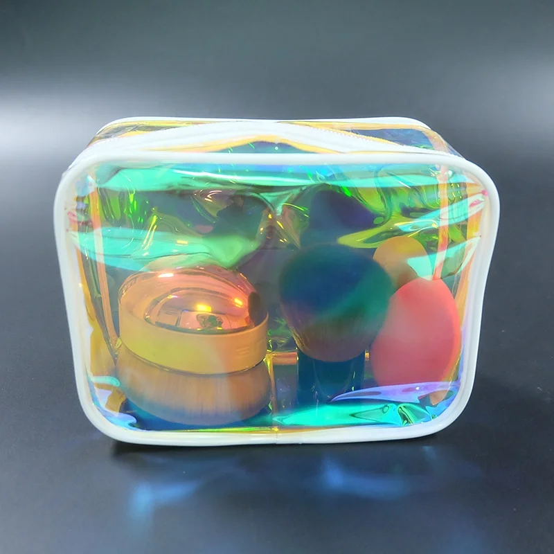 Customised Luxury Women Mini Holographic Laser Clear Makeup Bag Transparent PVC Cosmetic Bag