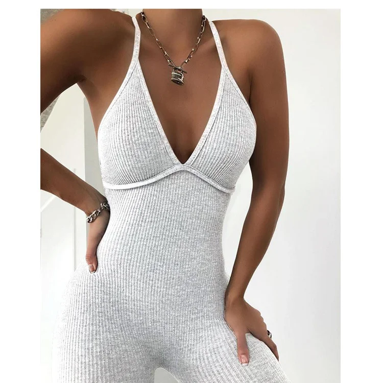 
2020 New Women Sleeveless V-Neck Solid Bodycon Playsuit One-piece Clubwear Trousers Sport Long Jumpsuit 