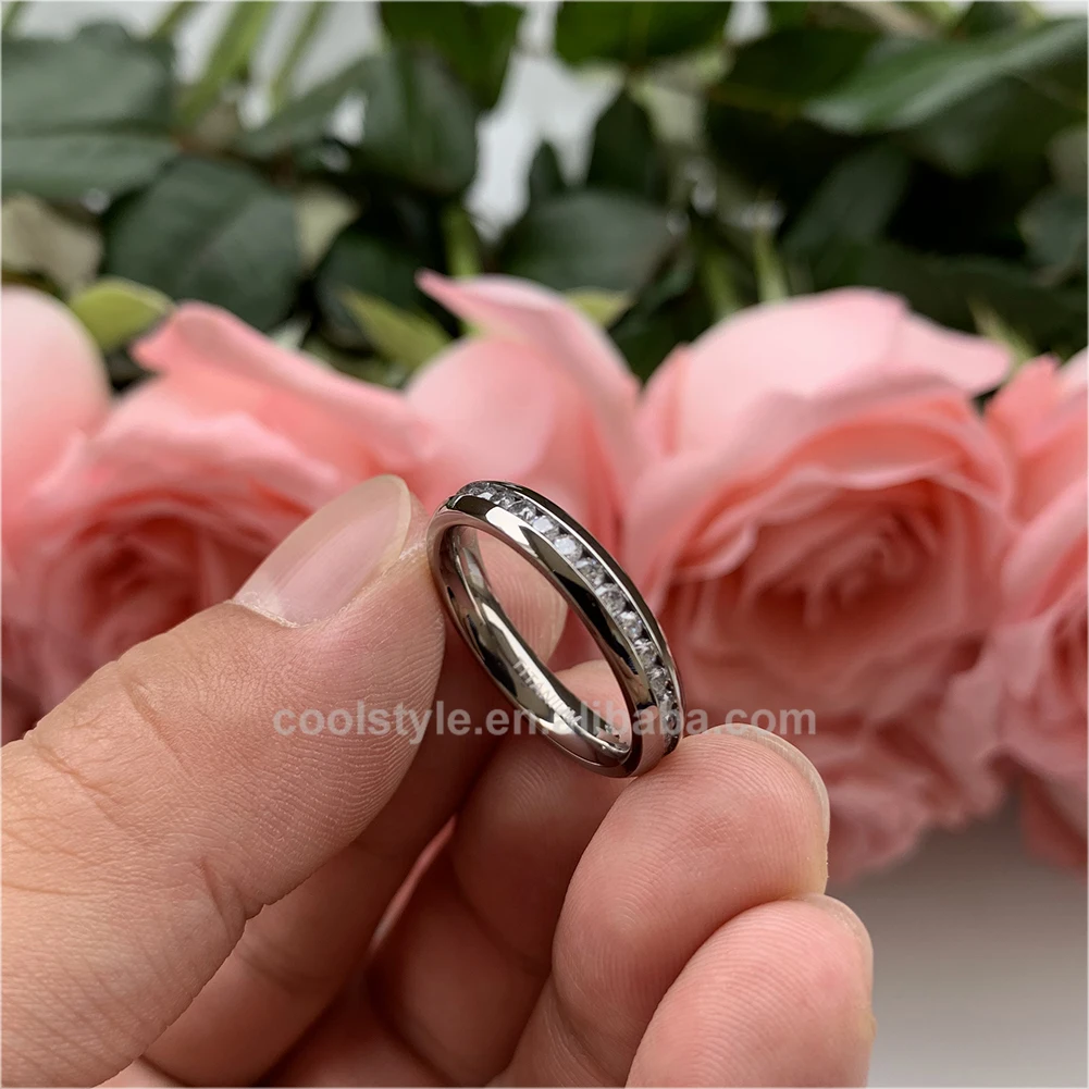 
4mm Women Stainless Steel Ring Eternity Wedding Engagement Band Polished Shiny Domed Sparking Cubic Zirconia Inlay Comfort Fit 