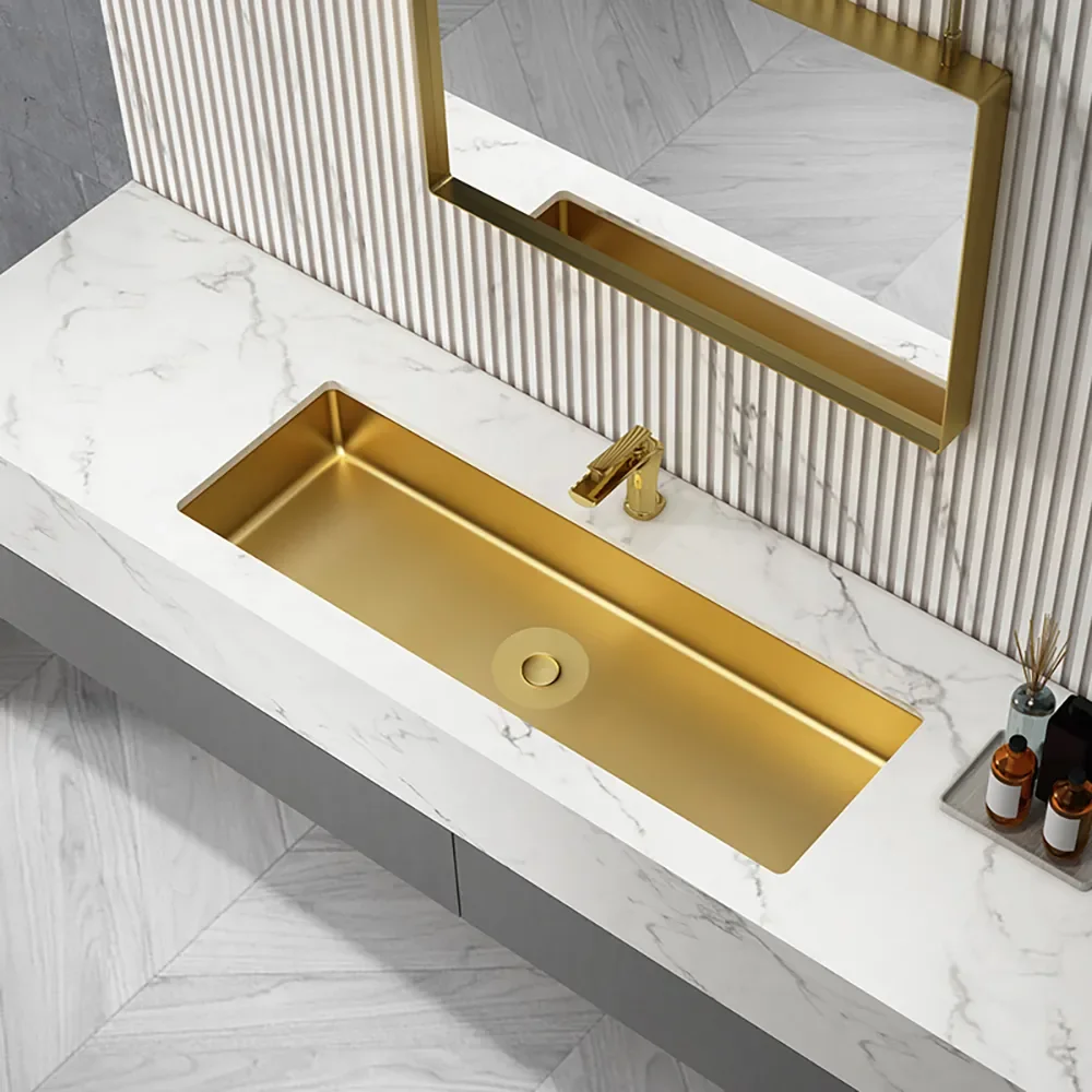 Luxury Undermount Rectangular Stainless Steel Bathroom Sink  with Drain Brushed Gold