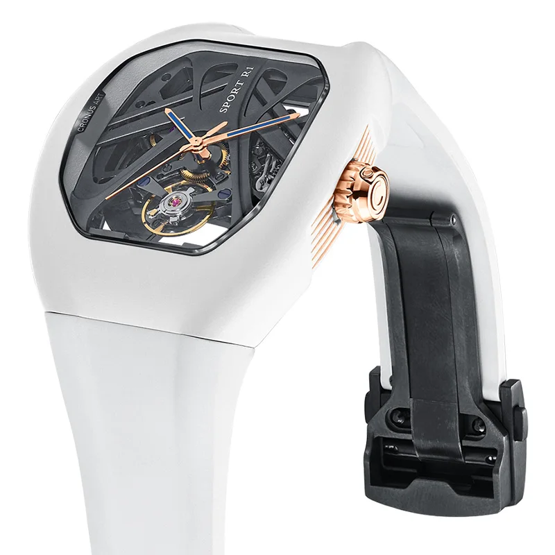 white Automotive Design Style streamline 365l steel case Double sided sapphire mirror Luxury mechanical watch With  rubber strap