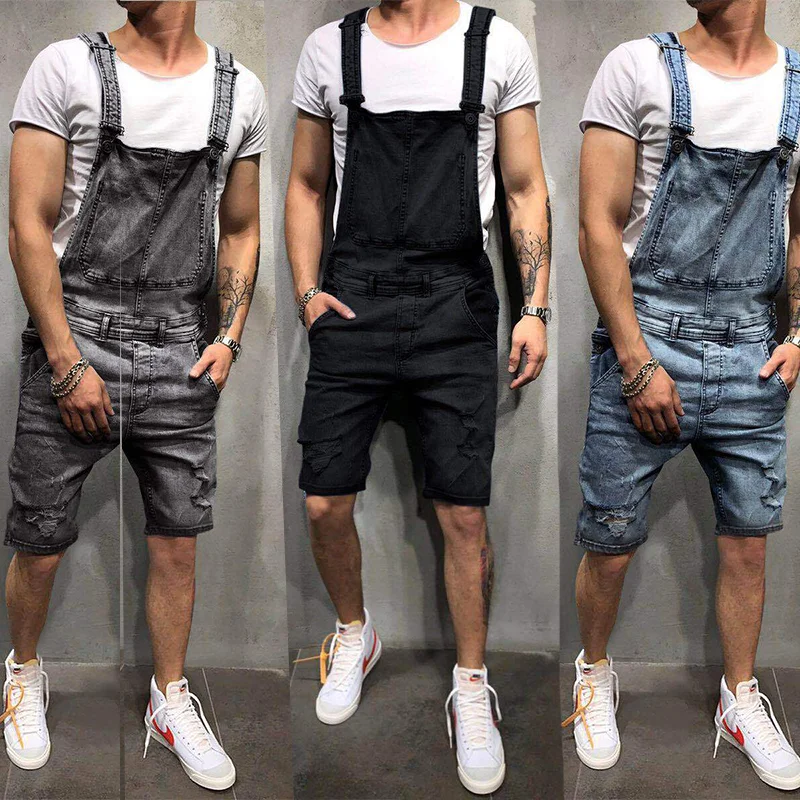 
Summer 2021 Fashionable Hot Suspender Denim Rompers Torn Jeans Men Shorts denim rompers men 