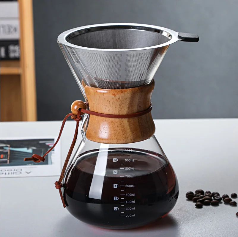 Custom 460ml Sharing Glass Coffee Pot Hand Drip Coffee Pot Wood Neck Maker Pour Over Coffee Maker With Stainless Steel