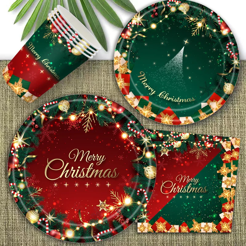 Christmas Paper Plates and Napkins Set Disposable Merry Christmas Party Plates Red Green paper plates party supplies