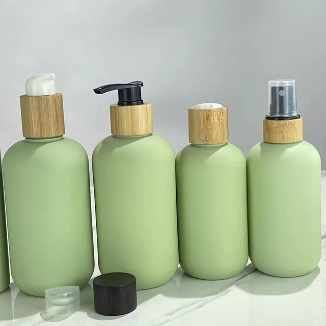 Hengjian Biodegradable Green 300ml Luxury Cosmetic Bottles 500ml Hdpe Plastic Shampoo Bottle with Bamboo Lid Hair Care Packaging