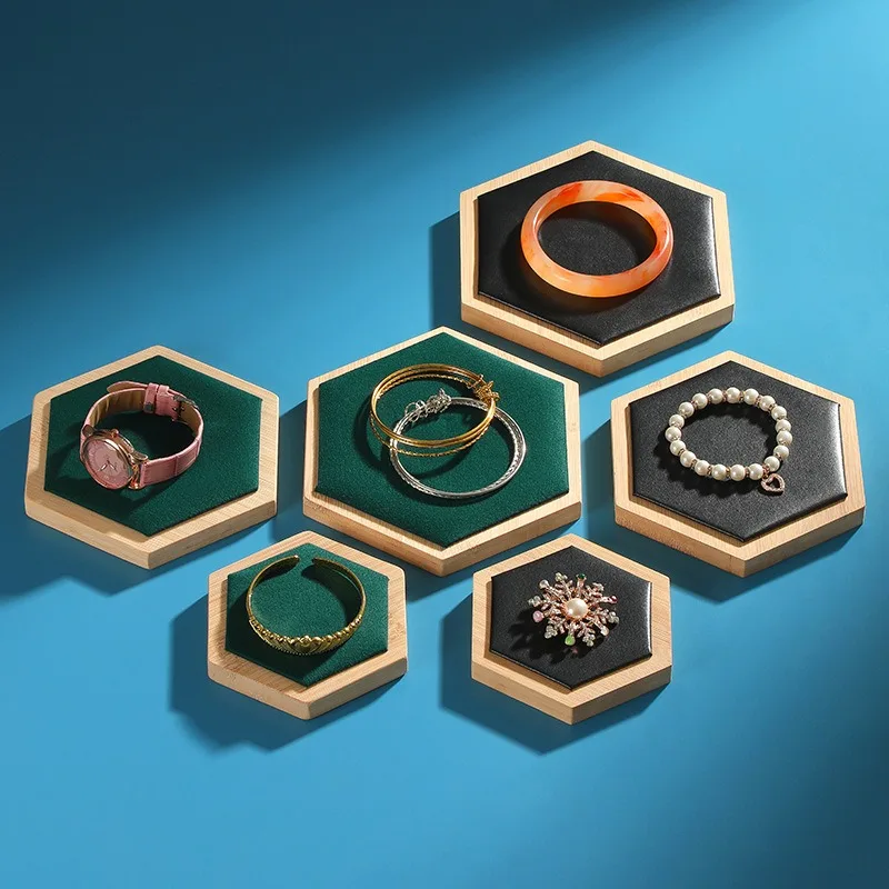 New Trending Wood PU Leather Pentagon Hexagon Square Watch Display Tray Necklace Pendant Jewelry Display Stand Rack Prop Holder