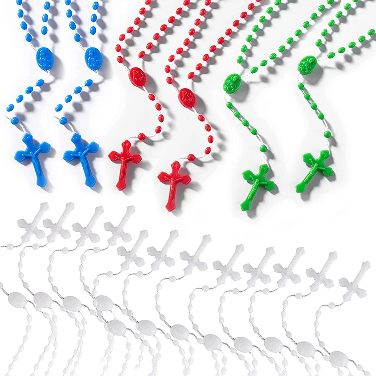 Wholesale 4 Color Plastic Rosary Bead Style 17 Inches Cross necklace Catholic Religious Luminous Rosary Necklace