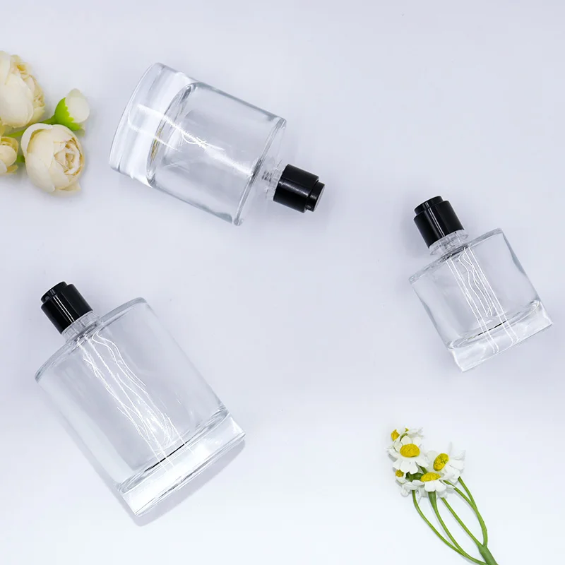 Clear 30Ml 50Ml 100Ml Clear Mini Sample Spray Glass Perfume Bottle With Black Cap For Use