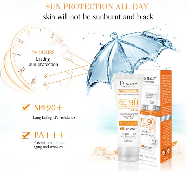 Disaar SPF 90 Sunblock Moisturizer Whitening Organic Sunscreen Cream for All Skin Waterpoof Concealer Sunscreen Cream