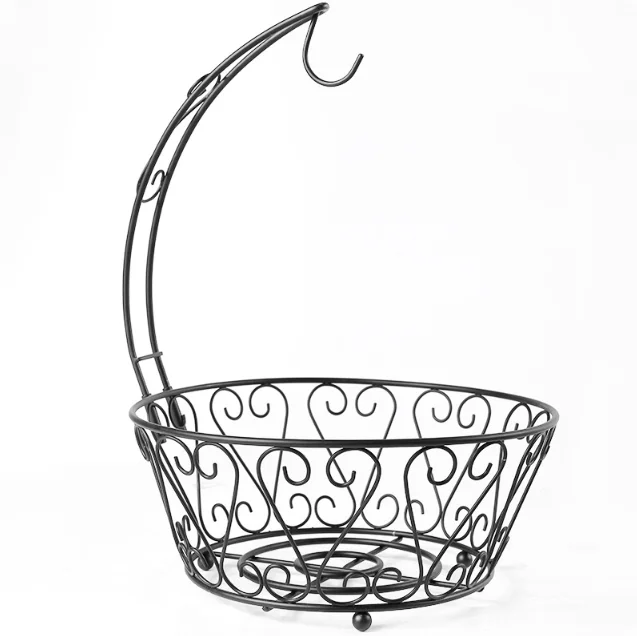 Kitchen Fruits Basket Bowl Stand Metal Basket Storage Holder Fruit Basket Bowl with Banana Tree Hanger