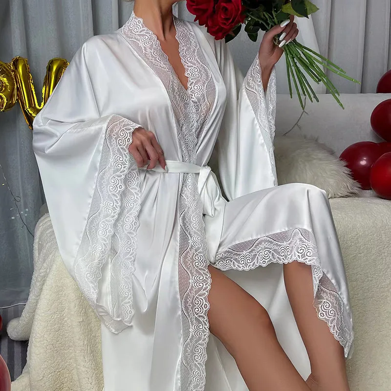 Custom Luxury Lace Edge Soft Satin Woman Robe Satin Lace Pajamas Mature Women Satin Sleepwear Nightwear