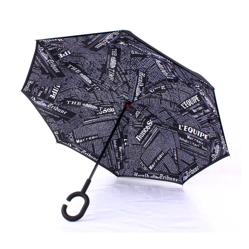 Guangdong supplier waterproof custom print C handle double layer inverted umbrella stick