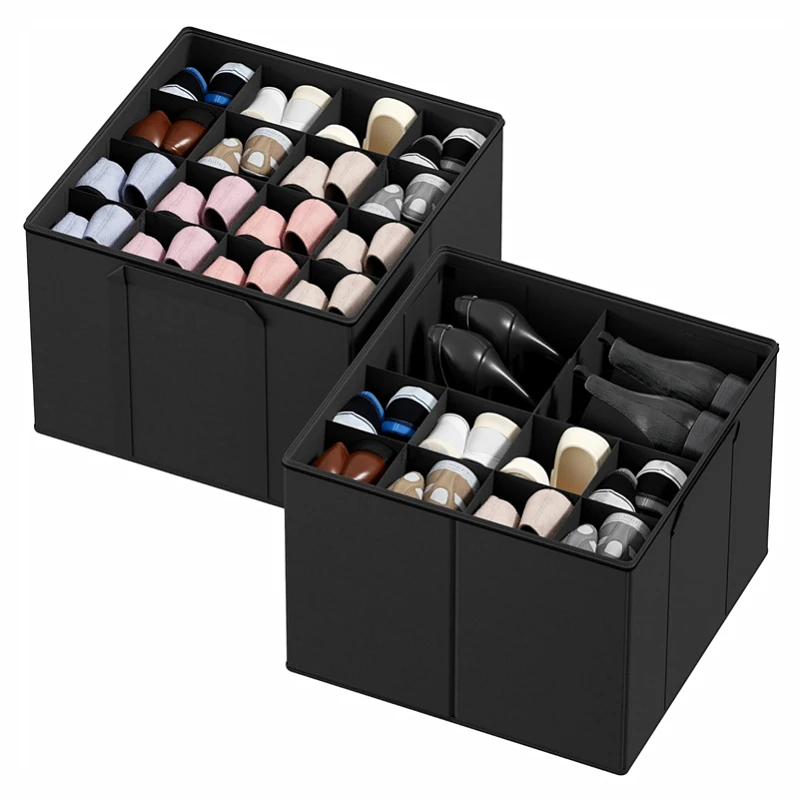 Closet shoe storage rack 2pcs foldable shoe storage container basket box with adjustable partition for 16-32 pairs