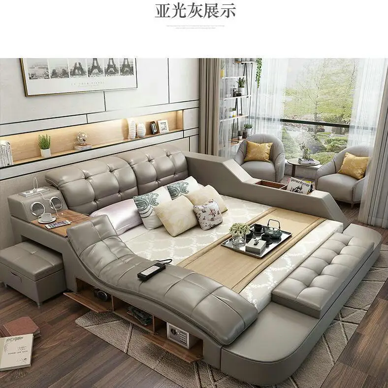 
Guangdong furniture modern massage bed wireless audio speaker king size pillow leather multifunctional bed With stool 