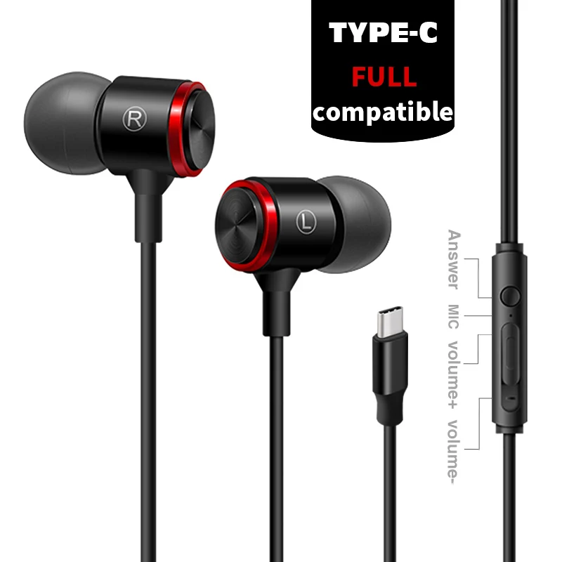 In-Ear Headphones Stereo Bass Headset Metal Wired Earphone Handsfree with Mic Type c for Xiaomi huawei phones