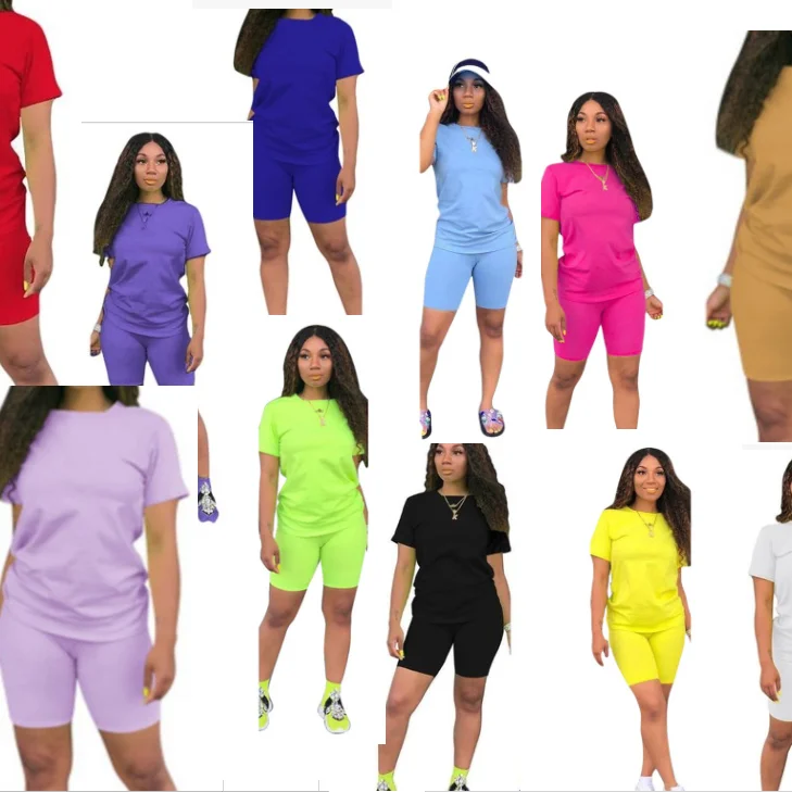 
2020 Wholesale low MOQ custom logo two 2 piece biker shorts and crop top matching set women clothing 