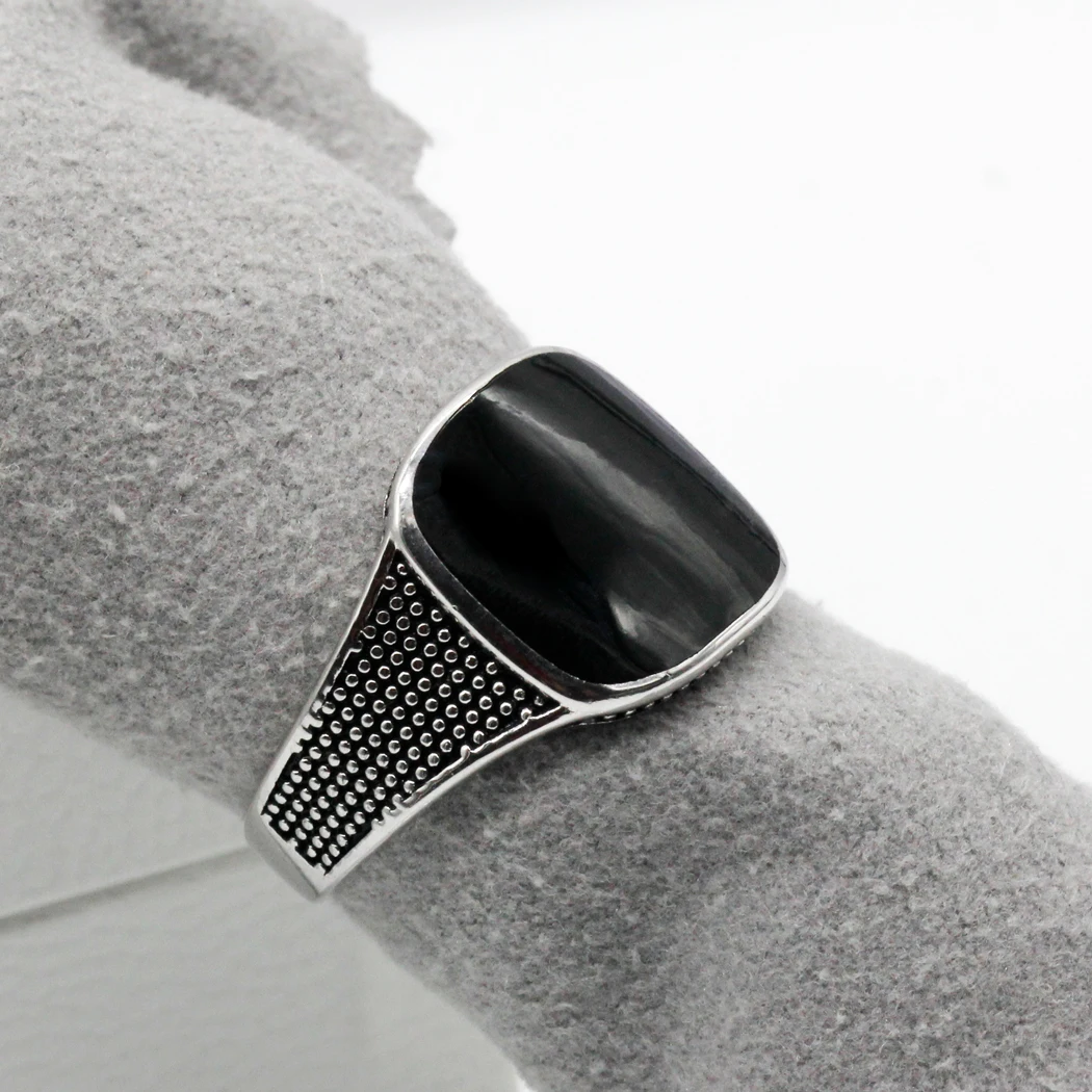 Custom 925 Sterling Silver Black Enamel Men Ring,Vintage Finger Ring for Man Women Wedding Engagement Jewelry