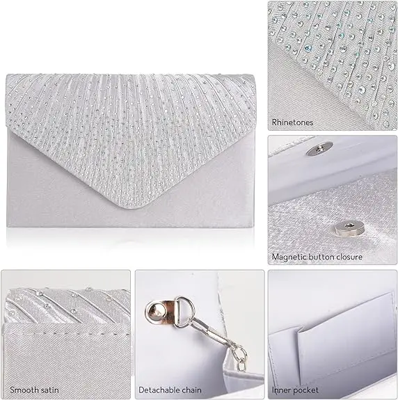 Clutch Purse Evening Bag for Women Prom Sparkling Handbag With Detachable Chain for Wedding and Party