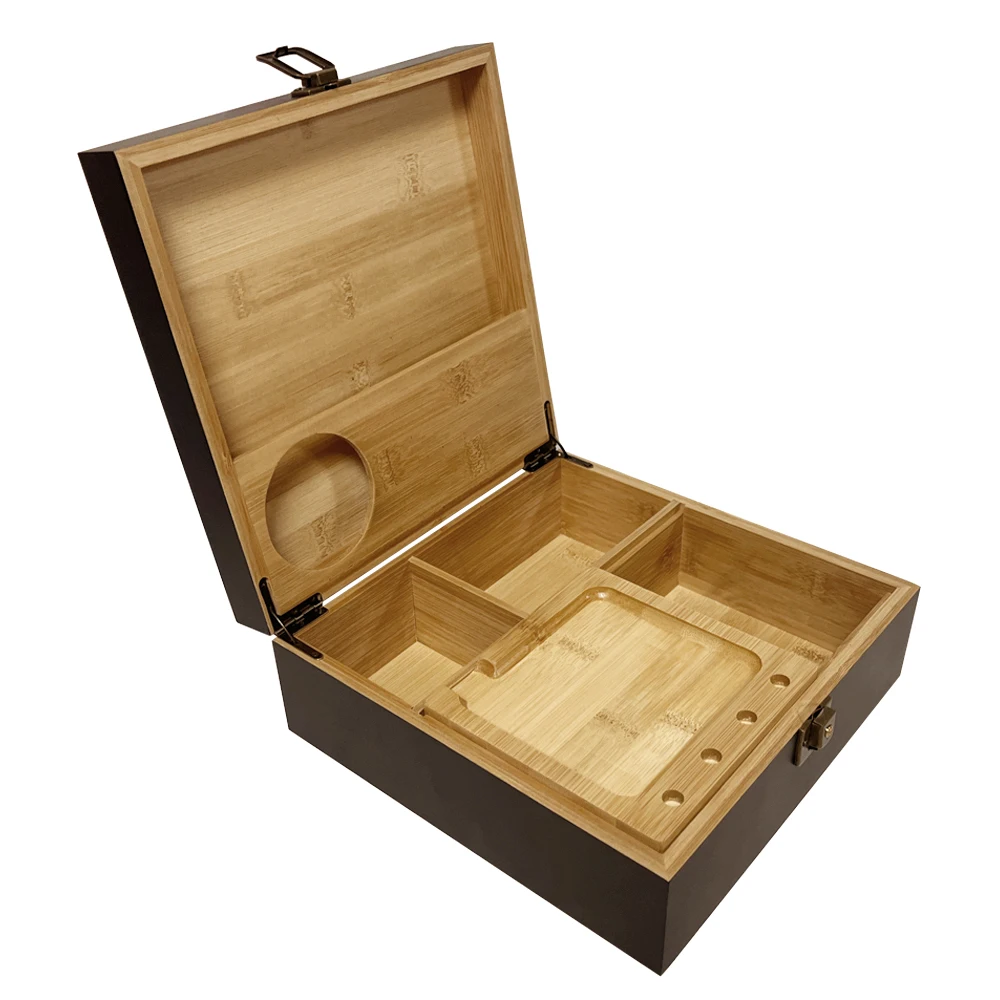 Business gift large storage container bamboo smoke case smoking box with rolling tray and glass jar