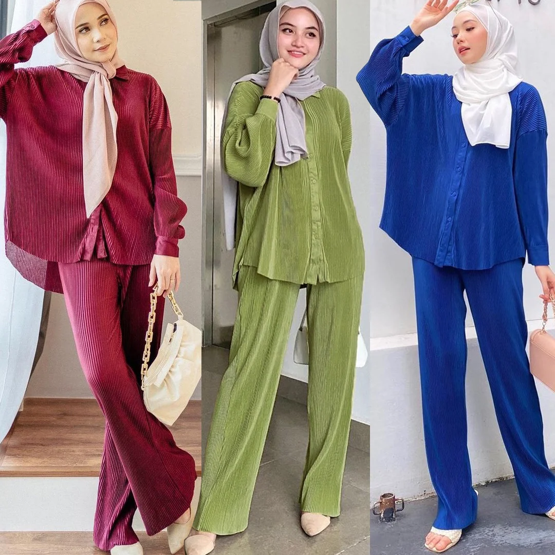 2022 Elegant Modest Pleated Lounge Pants Set Muslim Women Two Piece Top And Pant Set Kaftan 2pcs Abaya Set Kimono Outfit