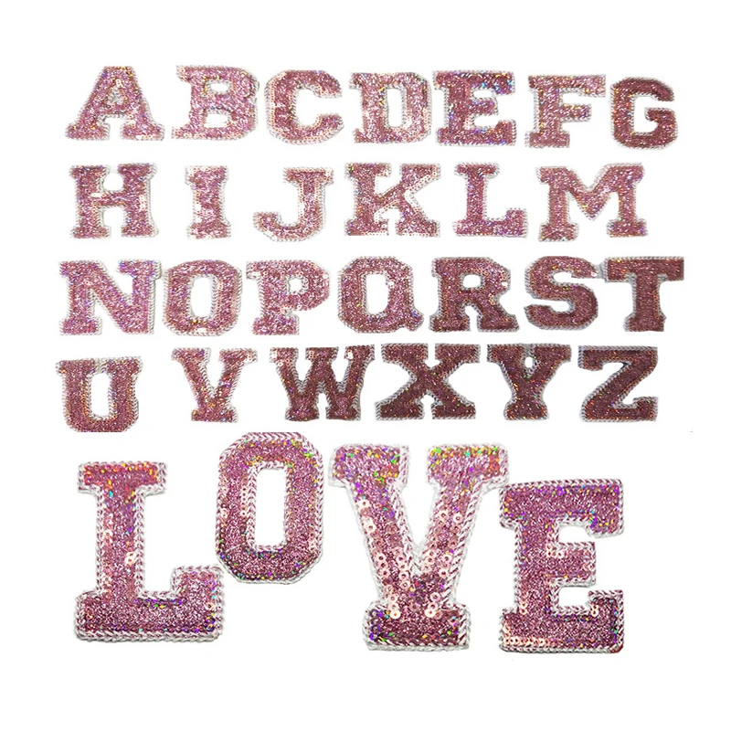 Sequins Pink Alphabet Letters Patches Heat Press Patches