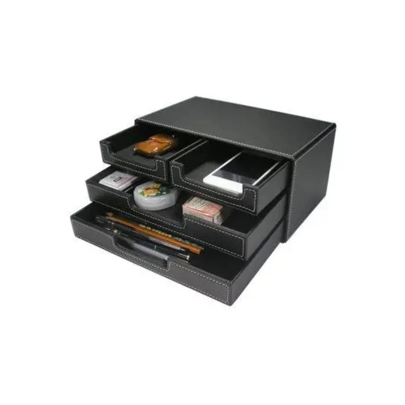 Office Document Container Wood Leather Desk Set 3 layer 4 drawer file cabinet desktop storage organizer box