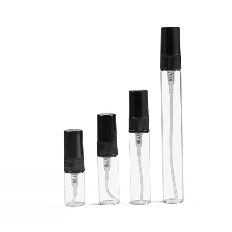 hotsale 2ml 3ml 5ml 10ml tubular glass perfume vials with plastic screw pump glass tester parfum bottle pocket perfume bottle