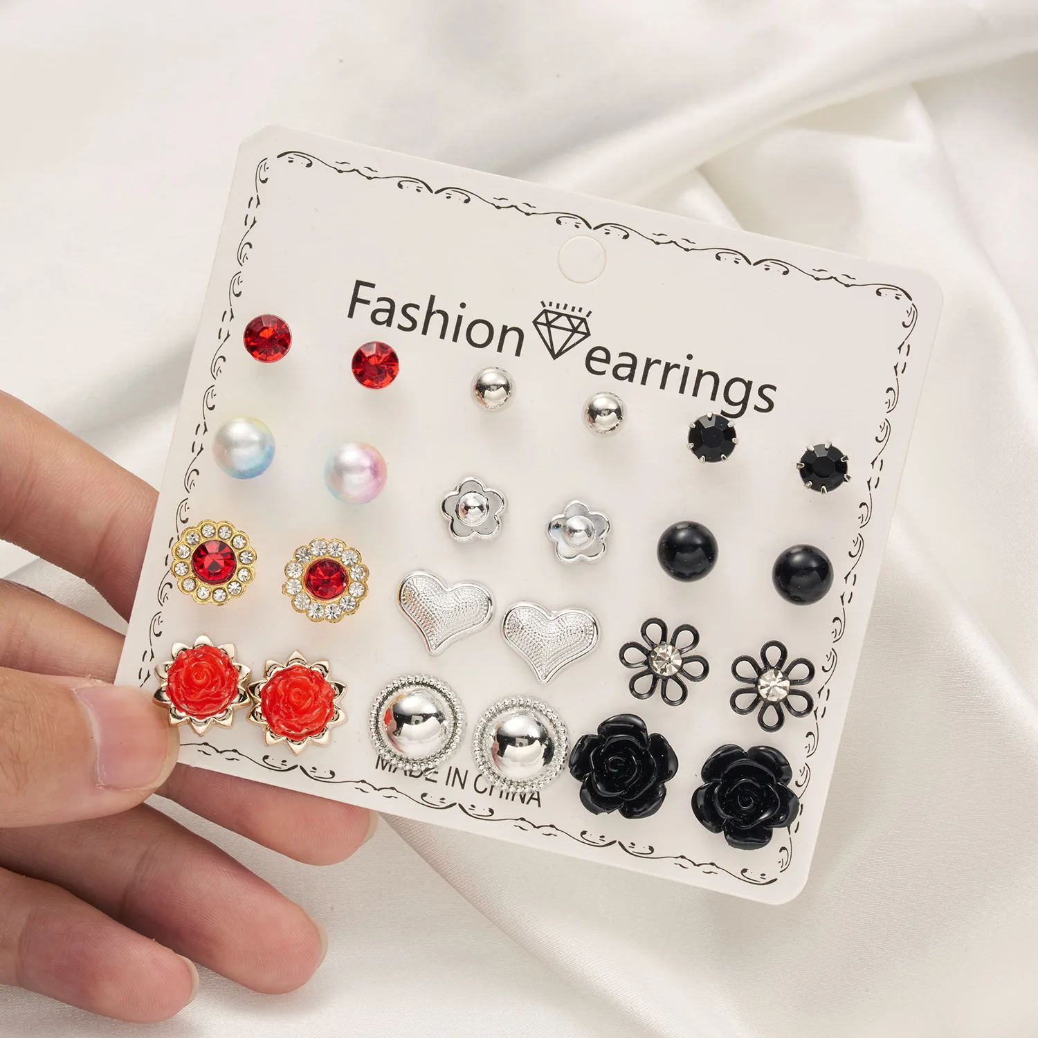 wholesale fashion jewelry 12 pairs/set love flower rhinestone pearl earrings set for women