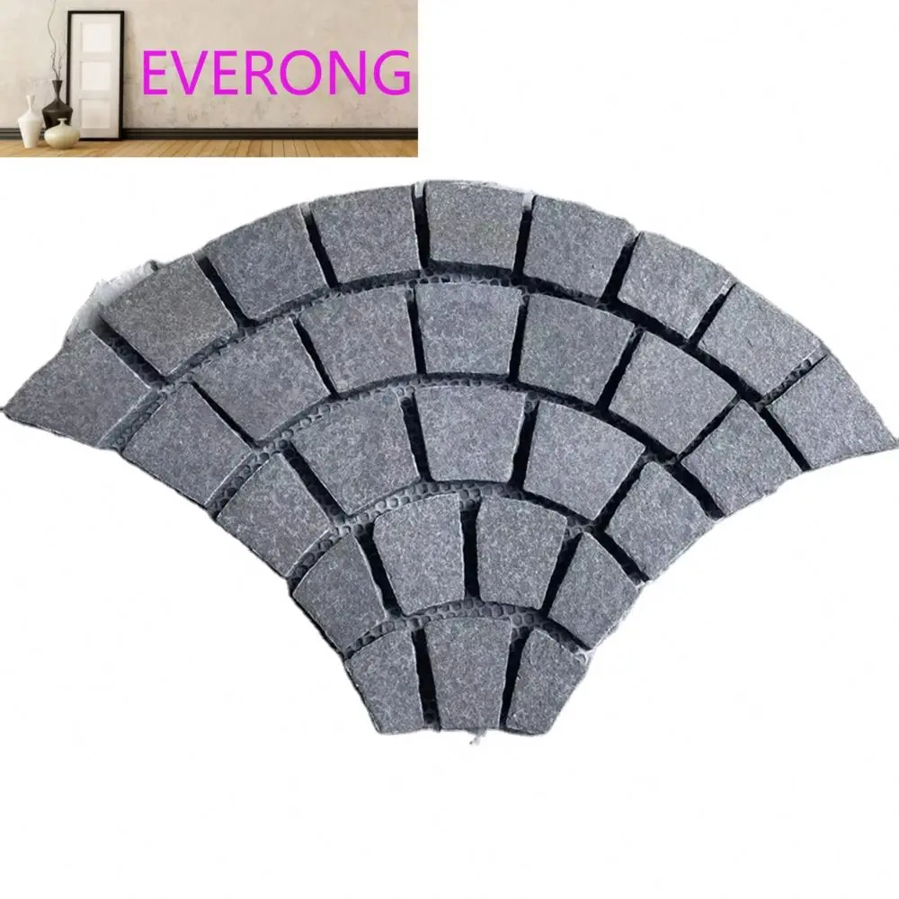 Meshed fan shape G684 black granite basalt cobblestone paving setts on mesh for garden path flooring