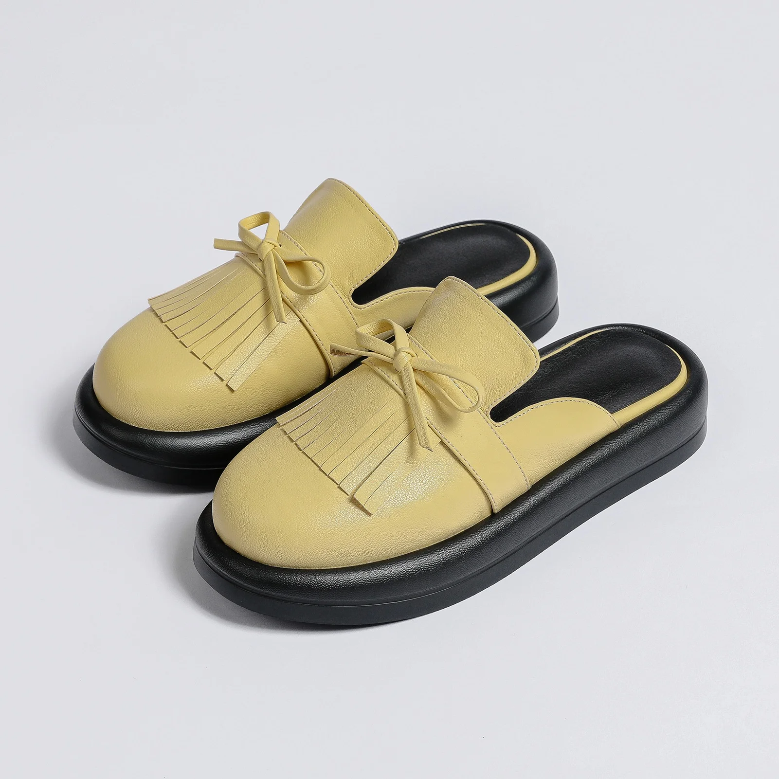 YX Home outer wear spring summer new thick bottom round head tassel bow Baotou half flat slippers for women new designs 2023