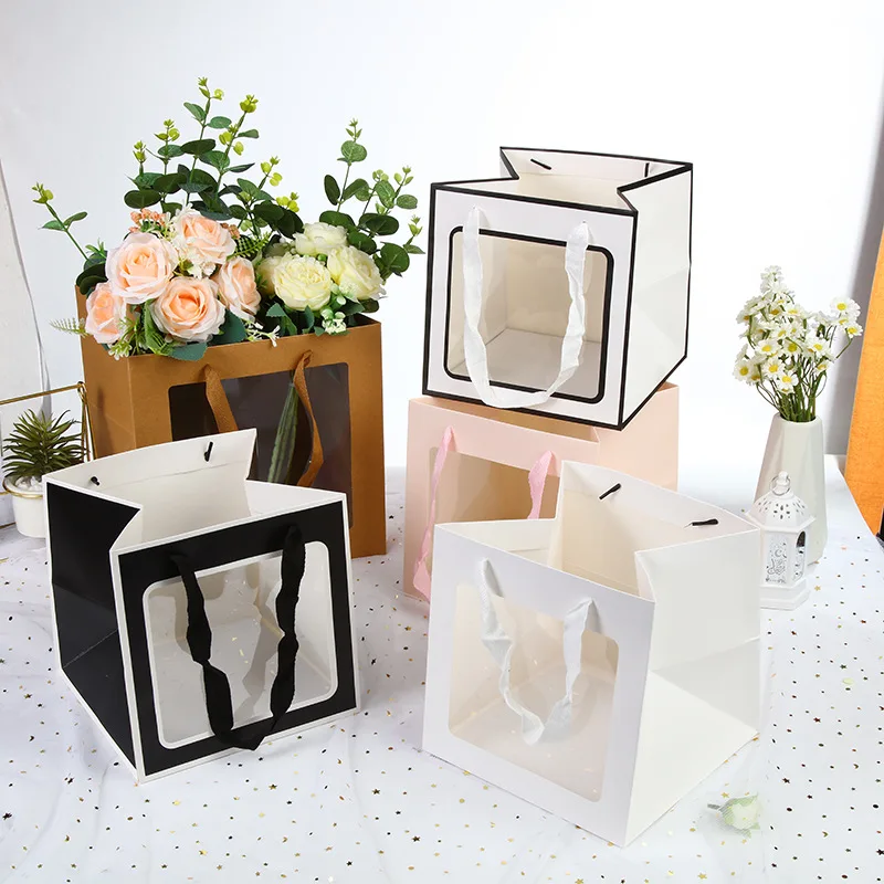 IMEE Customized Logo Gift Art Paper Floral Gift Box Open Transparent Window Fashion Gift Doll Flower Paper Bag with Pvc