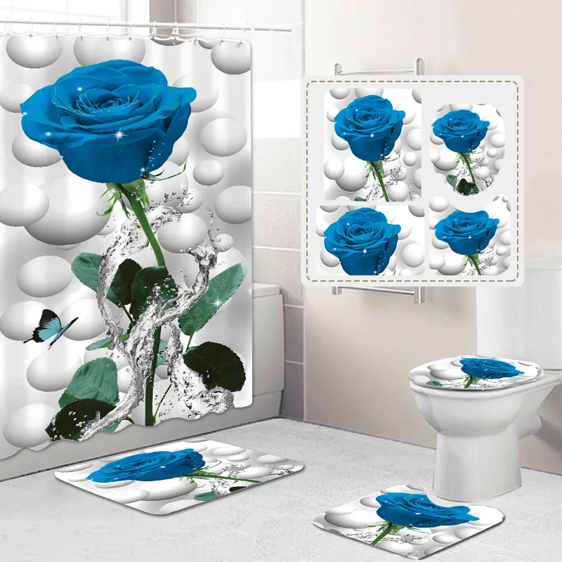 Washable 3D Shower Curtain Bathroom Set, Home Decor 100% Polyester Shower Curtain Sets 4 Pieces/
