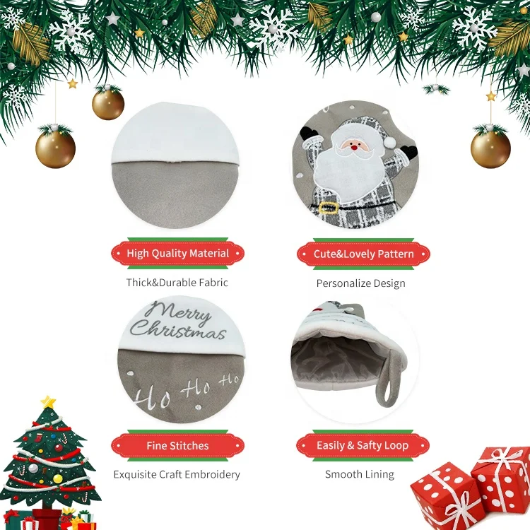 Custom Mini Grey Polyester Embroidered Santa Snowman Bear Penguin Patterns Candy Bag Christmas Stocking