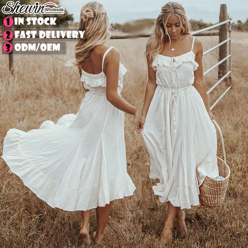 Wholesale V Neck Swiss Dot Cute Maxi Dress Ladies White Dresses For Woman Elegant