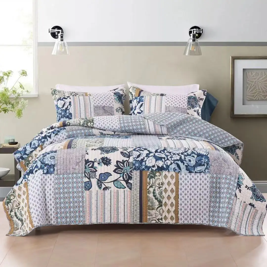 American Style Organic Cotton Handmade Genuine Splicing Montage Bedspread Quilted Set