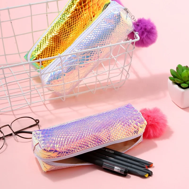 
Holographic Laser PU Leather pencil case wholesale custom laser PVC pouch bag for girl 
