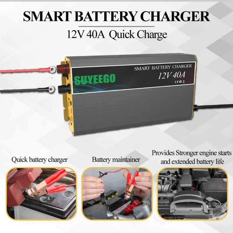 SUYEEGO Smart 12V 40A Lithium Lifepo4 Lead Acid Battery Charger EU Socket for Rv Bike forklift Car