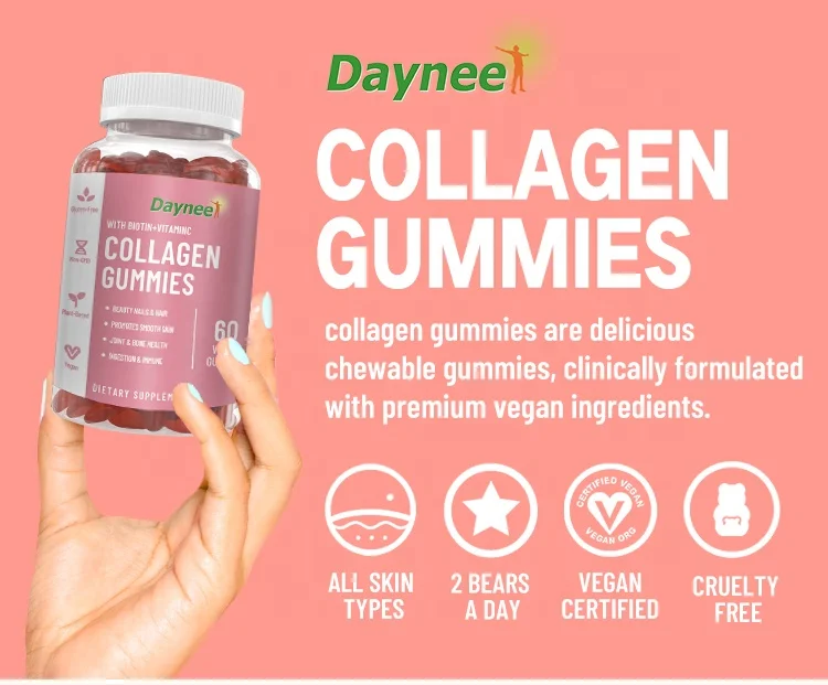 Daynee COLLAGEN GUMMIES with biotin Vitamin vegan Hair Skin and Nails Gummy skin whitening soft candy for Brightening lighten
