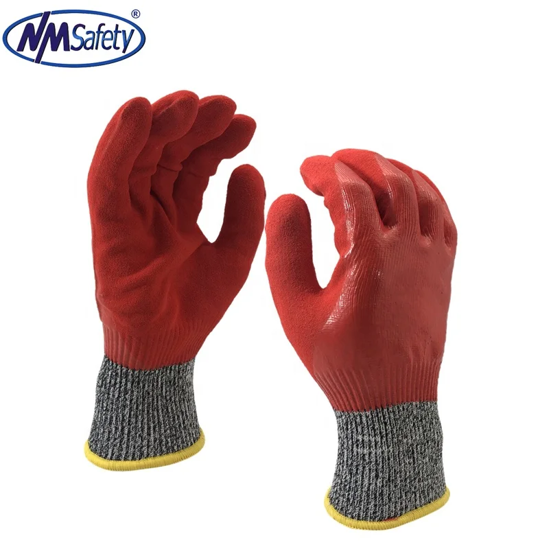 NMSAFETY EN388:2016 уровень пореза D вязаный вкладыш двойное погружение полностью покрытые красные нитриловые перчатки безопасность рабочие