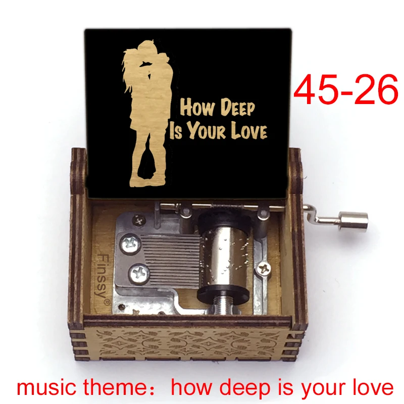 Custom How Deep is Your Love Hand Crank Music Box Wooden Black Luxury Gift Box for Office Home Ornament